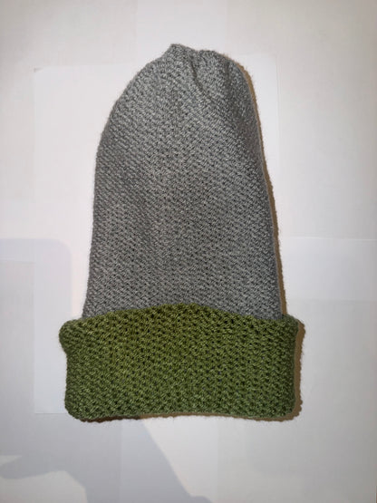 Light Grey and Sage Green Beanie dual-tone reversible handmade wooly hat.