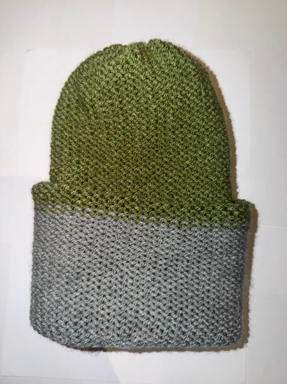 Light Grey and Sage Green Beanie dual-tone reversible handmade wooly hat.