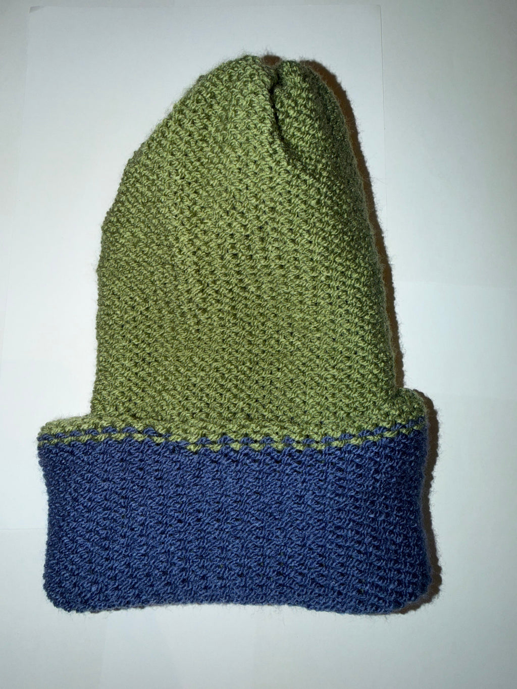 Handmade reversible wooly Beanie Sage Green and Denim