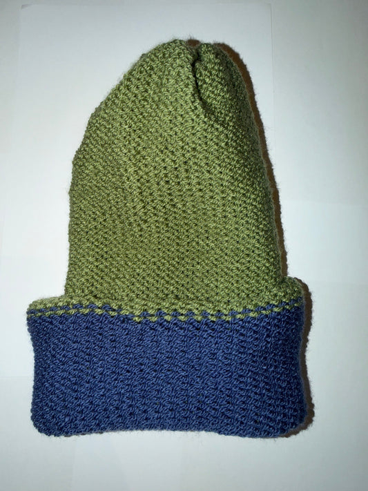 Sage Green and Denim Beanie dual-tone reversible handmade wooly hat.