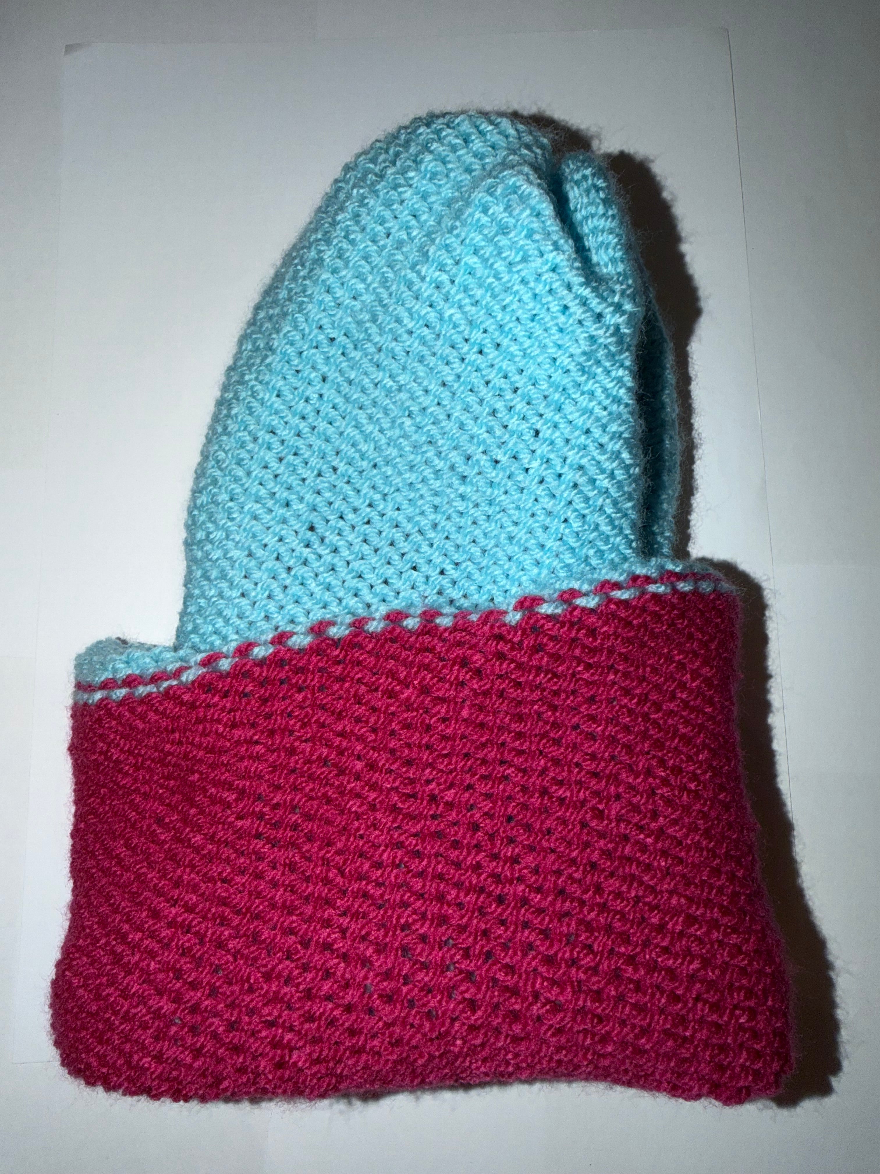 Handmade reversible wooly Beanie Soft Blue and Magenta