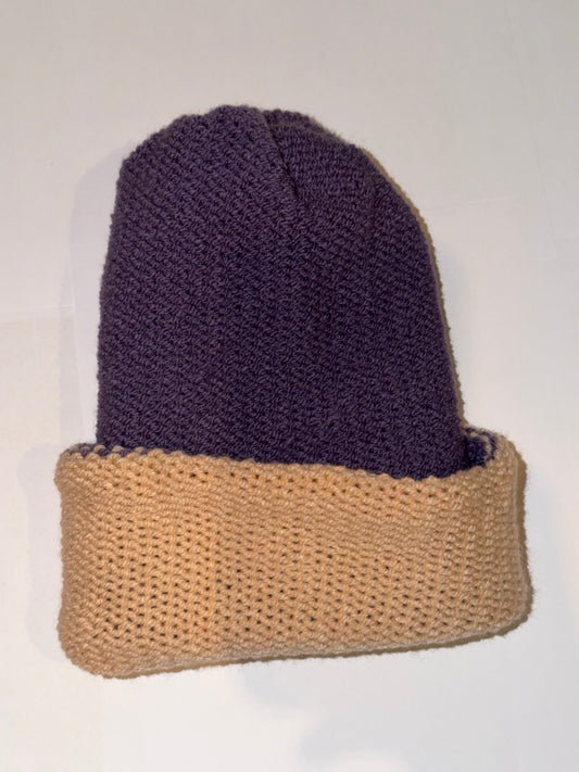 Handmade Reversible Wooly Beanie Dark Liliac and Cool Vanilla artisanal knit hat.