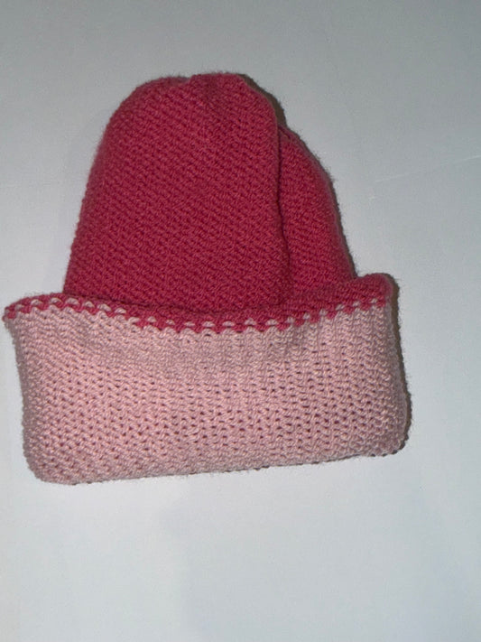 Handmade Reversible Wooly Beanie Hot Pink and Soft Pink showing the two-tone pink knit.