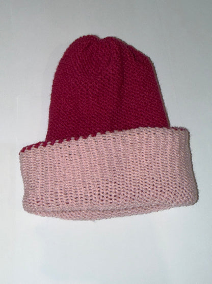 Handmade Reversible Wooly Beanie Light Pink and Magenta dual-tone knit.