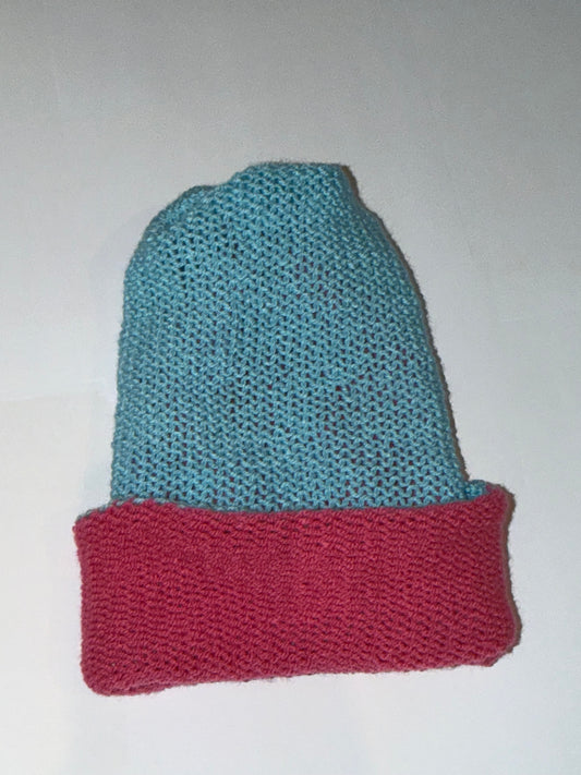 Handmade Reversible Wooly Beanie Soft Blue and Light Pink dual-tone knit hat.