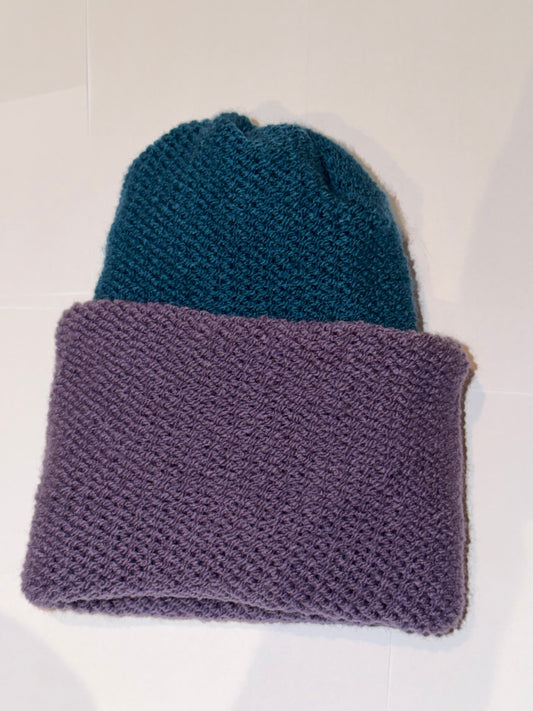 Handmade Reversible Wooly Beanie Dark Lilac and Petrol | Shop