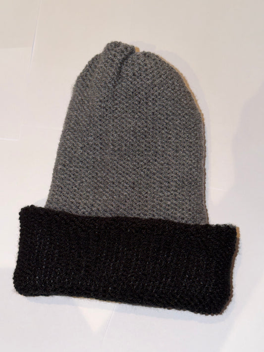 Handmade Reversible Wooly Beanie Dark Grey and Black in a dual-tone charcoal knit.