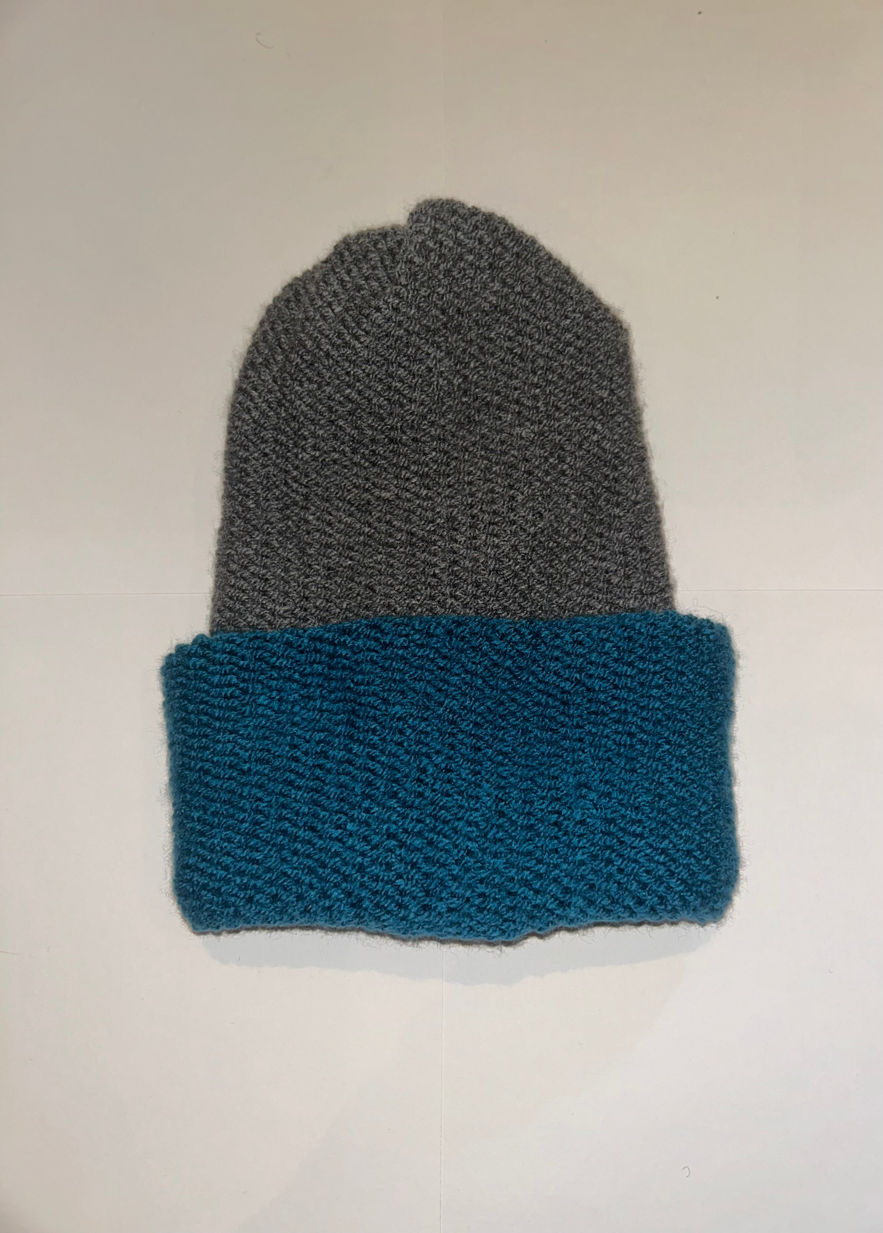 Handmade wooly Beanie Dark Grey and Petrol