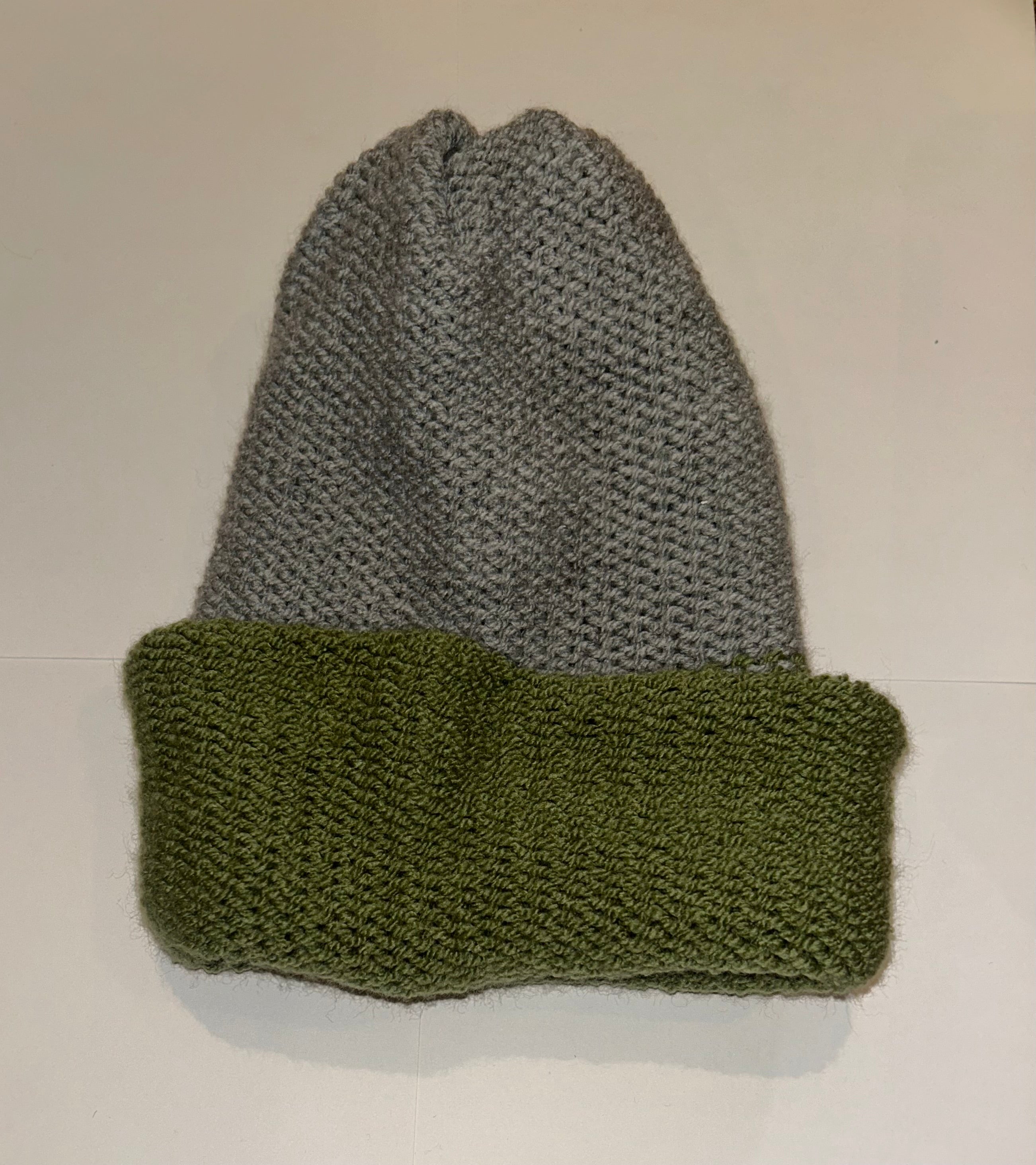 Handmade wooly Beanie Light Grey and Sage Green