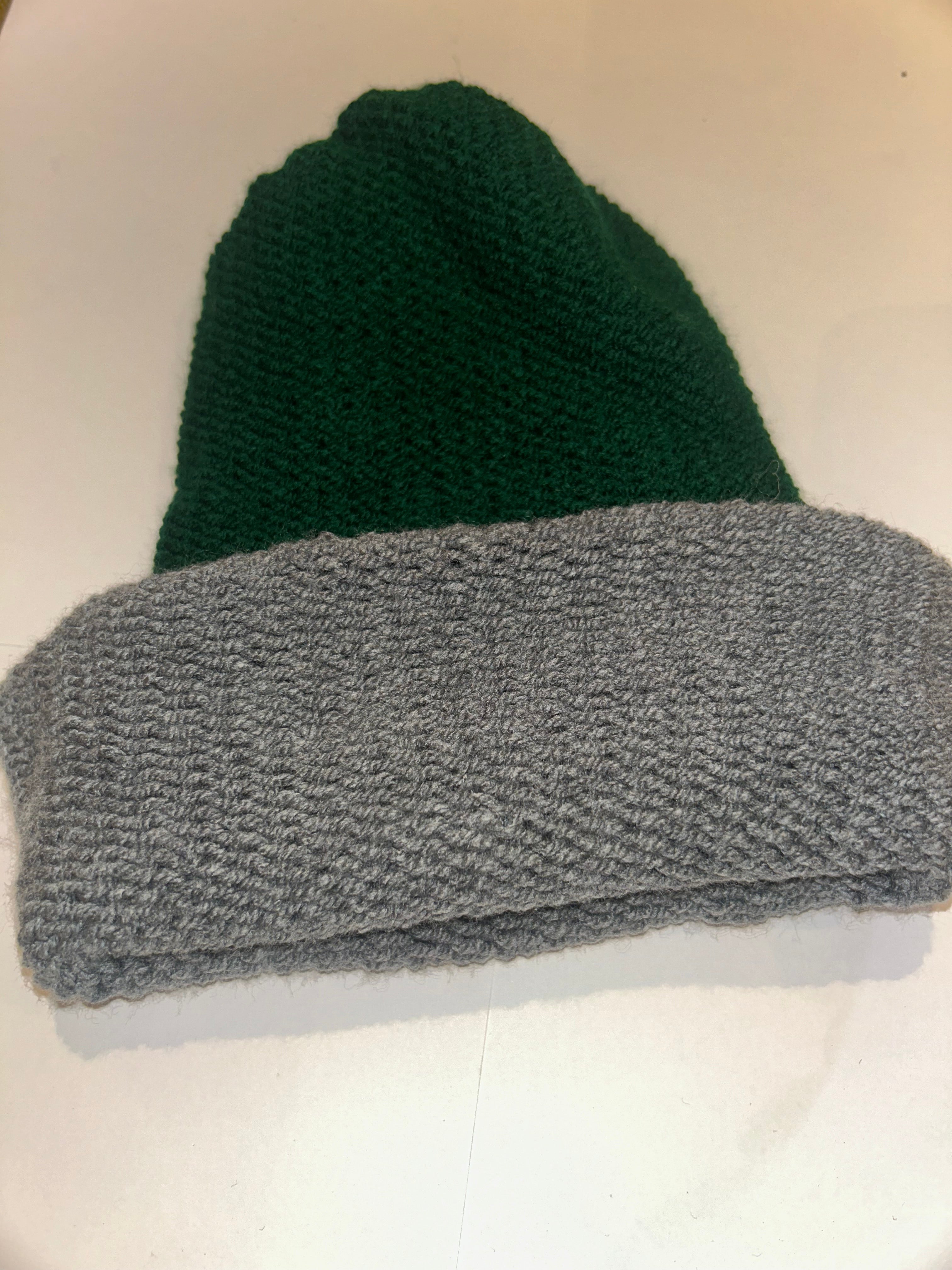 Handmade wooly Beanie School Green and Dark Grey