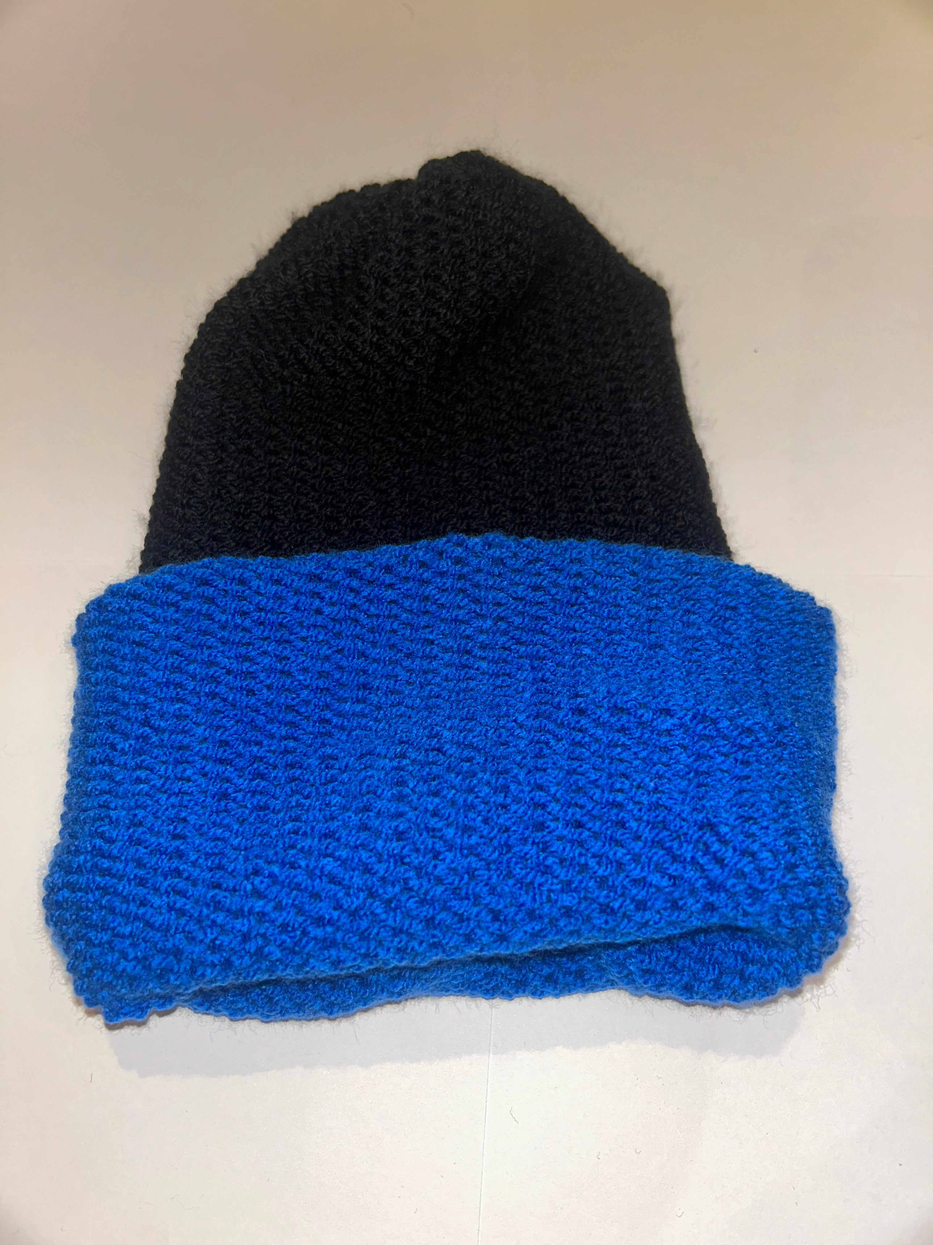 Handmade wooly Beanie Black and Blue